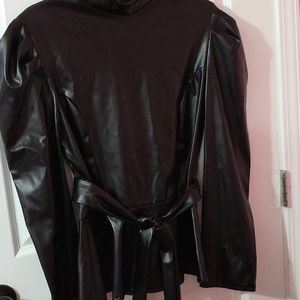 Black faux leather blouse with belt